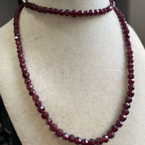Antique Hand Faceted Bohemian Garnet Bead Single Strand Necklace 9ct Clasp, 28”